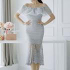 Off-shoulder Lace Ruffled Sheath Dress