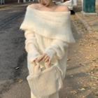 Plain Off-shoulder Long-sleeve Sweater / High-waist Drawstring Wide-leg Knit Pants