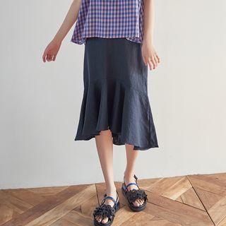 Band-waist Ruffle-hem Linen Skirt