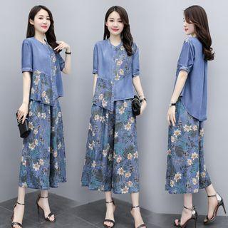 Set: Short-sleeve Denim Top + Wide Leg Jeans