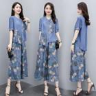 Set: Short-sleeve Denim Top + Wide Leg Jeans
