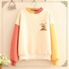 Fox-embroidered Color-block Sleeve Fleece-lined Pullover