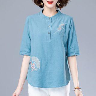 Elbow-sleeve Embroidered Henley Top