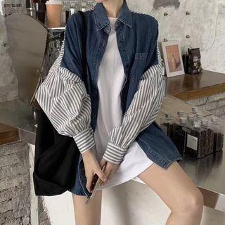 Long-sleeve Denim-panel Striped Shirt Blue - One Size
