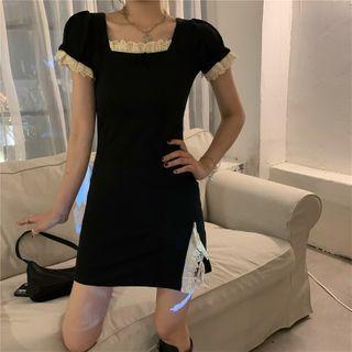 Short-sleeve Lace Trim Split Dress Black - One Size