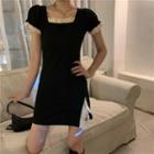 Short-sleeve Lace Trim Split Dress Black - One Size