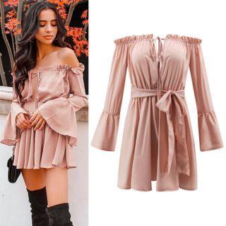 Flare-sleeve Frill Trim Mini Dress