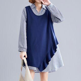 Set: Asymmetric Vest + Long-sleeve Striped Shirt Dress