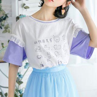 Color-block Short-sleeve Animal Print Top