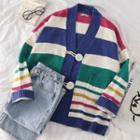 Striped V-neck Loose-fit Cardigan As Figure - One Size