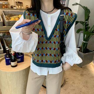V-neck Knit Vest / Puff-sleeve Plain Top