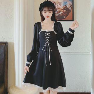 Puff-sleeve Lace Trim Lace-up Mini Dress