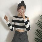 Cut Out Shoulder Striped Cropped Long Sleeve Knit Top