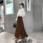 Long-sleeve Lace Trim Knit Top / Midi Skirt / Maxi Skirt