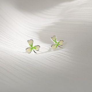 925 Sterling Silver Leaf Stud Earring 1 Pair - Clover - One Size