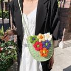 Flower Applique Woven Saddle Crossbody Bag