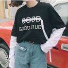 Lettering Long-sleeve Mock Two-piece T-shirt