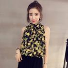 Lemon Print Sleeveless Chiffon Blouse