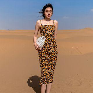 Spaghetti Strap Floral Print Midi Bodycon Dress