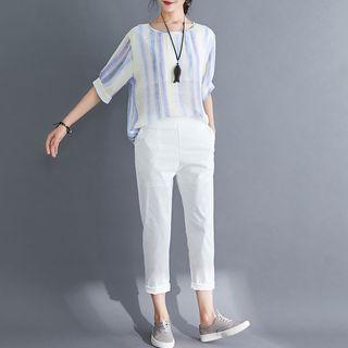 Set : Striped Short-sleeve T Shirt + Plain Cropped Pants