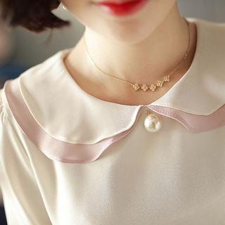 Contrast Peterpan-collar Faux-pearl Blouse