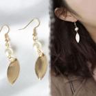 Faux Pearl Alloy Leaf Dangle Earring B3018 - Gold - One Size