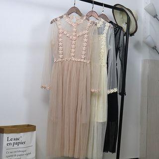 Set: Flower Detail Long-sleeve Mesh Midi Dress + Slipdress