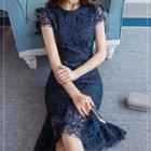 Ruffle Hem Cap-sleeve Lace Dress
