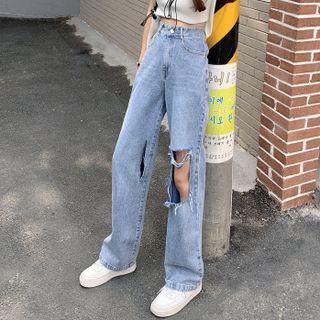 High-waist Ripped Denim Shift Wide-leg Pants