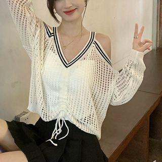 Long-sleeve Cold Shoulder Drawstring Knit Top White - One Size