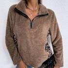 Half-zip Leopard Print Panel Fleece Sweatshirt