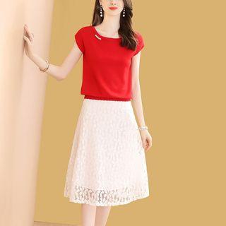Set: Short-sleeve Top + Lace A-line Skirt