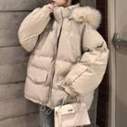 Furry Trim Hooded Padded Zip-up Jacket Beige - One Size
