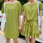 Short-sleeve Mini T-shirt Dress / Front Knotted T-shirt / A-line Mini Skirt
