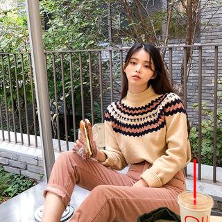 Mock-neck Wool Blend Pattern Sweater