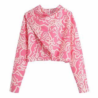 Long-sleeve Print Bow-back Crop Top