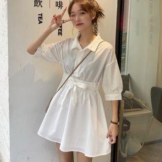 Elbow-sleeve Mini Shirtdress White - One Size