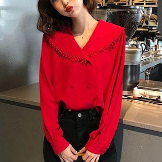 Lace Trim Double-breasted Blouse Wine Red - One Size