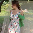 V-neck Floral Print Spaghetti-strap Dress / Cardigan