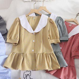 Short-sleeve Plaid Buttoned Contrast Collar Top