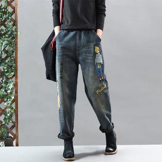 Cartoon Embroidered Washed Straight-cut Jeans