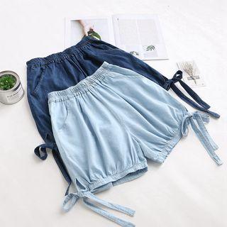 Bow Detail Denim Wide-leg Shorts