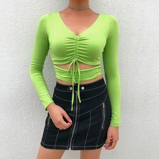 V-neck Drawstring Long-sleeve Crop Top