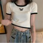 Butterfly Print Color Block Panel Trim Cropped Top White - One Size