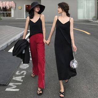V-neck Camisole Top / Back Slit Midi Spaghetti Strap Dress
