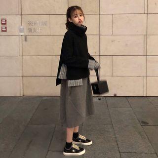 Plain Long-sleeve Loose-fit Top / Plain Turtleneck Long-sleeve Dress