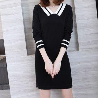 Contrast Trim Side-split Long-sleeve Mini Shift Dress