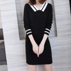 Contrast Trim Side-split Long-sleeve Mini Shift Dress