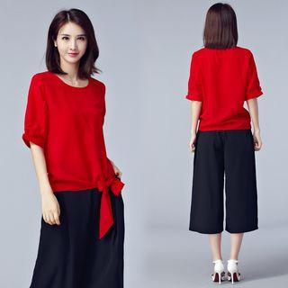 Set: Plain Elbow Sleeve Chiffon Top + Plain Culottes