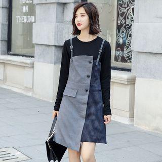 Set: Long-sleeve T-shirt + Pinstriped Panel Pinafore Dress